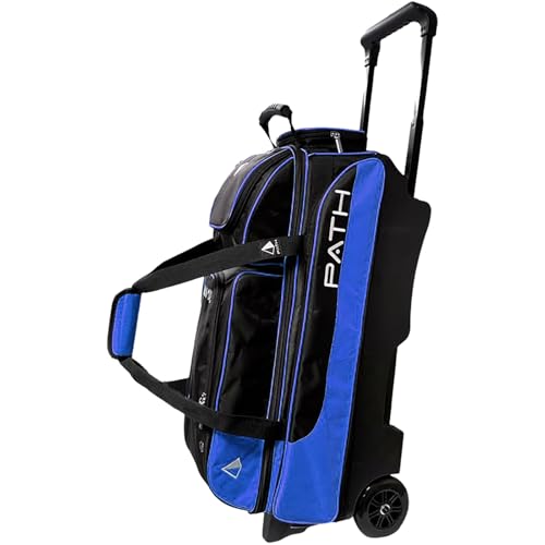 Pyramid Path Triple Premium Deluxe Roller Bowling Bag With Extra Large Separate Shoe Compartment (Up To US Mens Size 16) and 5 Accessory Pockets, 5" Wheels, Retractable Locking Handle - Extends to 42" - color: Black/Royal Blue