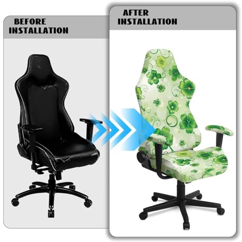 Suobstales Green Shamrock Pattern Gaming Chair Covers Slipcovers, St. Patrick's Day Decoration Stretchable Elastic Computer Reclining Gaming Chair Seat Cover with Armrest Cover (No Chairs) - color: Green Shamrock