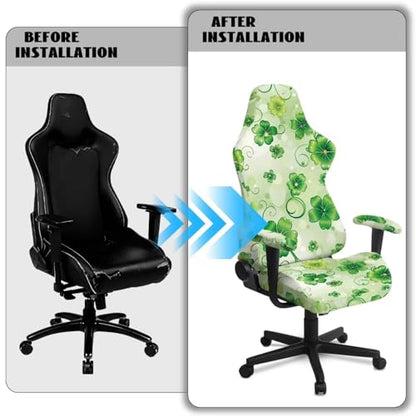 Suobstales Green Shamrock Pattern Gaming Chair Covers Slipcovers, St. Patrick's Day Decoration Stretchable Elastic Computer Reclining Gaming Chair Seat Cover with Armrest Cover (No Chairs) - color: Green Shamrock