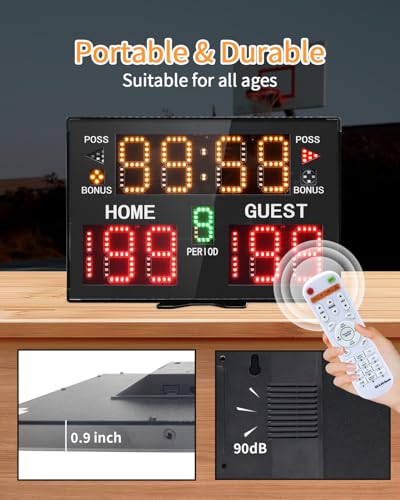 Basketball Digital Scoreboard with Remote,Battery Powered Portable Tabletop Electronic Scoreboard with 75dB Buzzer,Countdown Timer & Score for Games - style: black