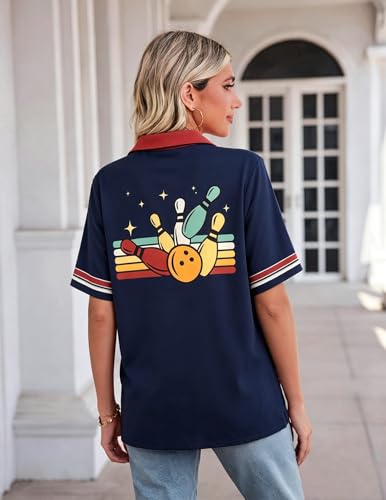 Bowling Shirts Women Hawaiian Bowling Shirt Bowling Lover Gift Tops Bowler Button Down Short Sleeve Tee - color: Blue-p, size: Medium