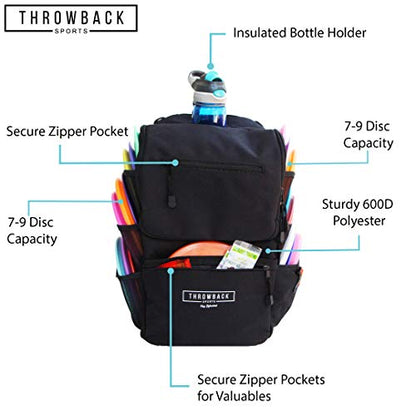 Throwback Sports Insulated Disc Golf Backpack with Cooler for 16+ Frisbees, Water Bottle Holder, Padded Straps, Quick-Access Pockets - Durable Disc Golf Bag for All-Day Comfort