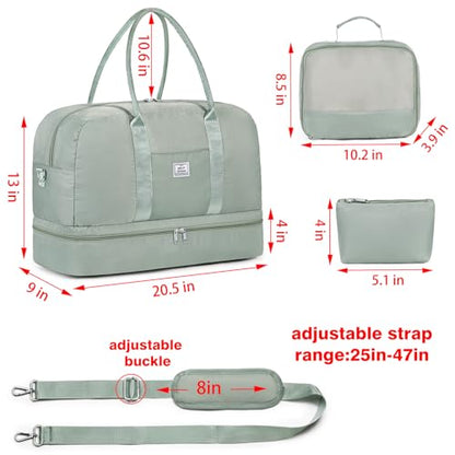 Weekender Bag for Women, Large Overnight Bag Canvas Travel Duffel Bag Carry On Tote with Shoe Compartment 21" 3Pcs Set - color: D04-green