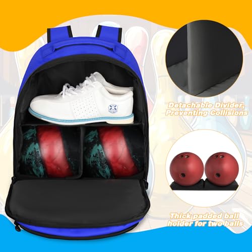 Goloni 2 Ball Bowling Backpack,Bowling Ball Bag with Shoe Compartment & Portective Foam Padded, Fits Shoes Up to US Size 16 - color: Blue