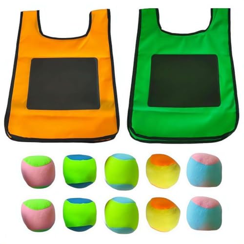 Sticky Ball Game Set, 2 Pack Dodgeball Vests with 10 Soft Balls, Self-Adhesive Target Vest for Kids, Indoor Outdoor Family Interactive Toy for Hand-Eye Coordination, Sensory Play for Kindergarten - color: Green-orange