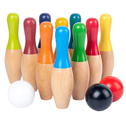 Wooden Bowling Game, Garden Game Set with 10 Pins 3 Balls and Mesh Bag for Adults, Indoor Outdoor Lawn Backyard Activity