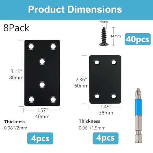 QSJ 8 Pack Black Flat Mending Plate 3.15x1.57‘’ & 2.36x1.49'', Stainless Steel Bracket, Straight Metal Brace Bracket, Fixing Joining Plate for Wood Furniture Fastening & Fixing - size: Black, 3.15x1.57‘’ & 2.36x1.49''
