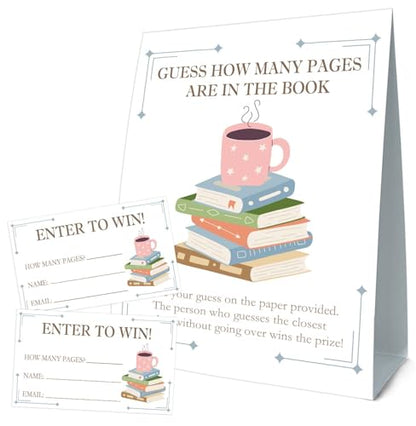 Guess How Many Cards, Book Party Decorations, Guess How Many Pages Are in the Books, Party Games & Activities, 50 Cards and Sign - size: book