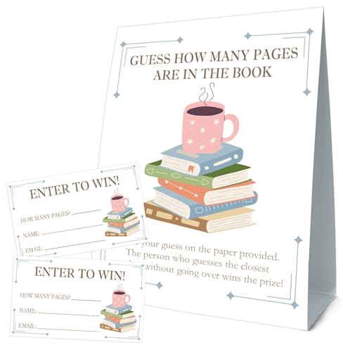 Guess How Many Cards, Book Party Decorations, Guess How Many Pages Are in the Books, Party Games & Activities, 50 Cards and Sign - size: book