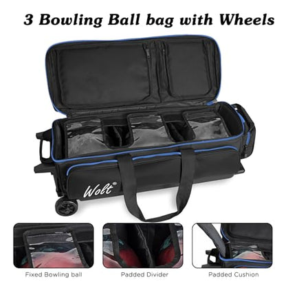 WOLT 3 Ball Bowling Bags with Wheels,Bowling Ball Bag 3 Ball Roller with Separate Shoe Compartment and Accessory Pocket, Retractable Handle Extends to 38’’ - color: Black+blue