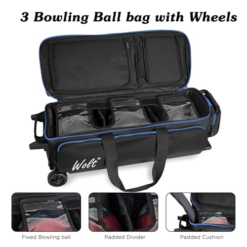 WOLT 3 Ball Bowling Bags with Wheels,Bowling Ball Bag 3 Ball Roller with Separate Shoe Compartment and Accessory Pocket, Retractable Handle Extends to 38’’ - color: Black+blue