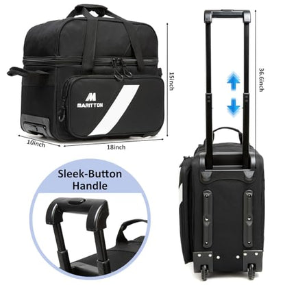Bowling Bag with Wheels Double Roller 2 Ball Bowling Separate Shoe Compartment and Oversized Accessory Pocket, 36.6" Extendable Handle. - color: BLK