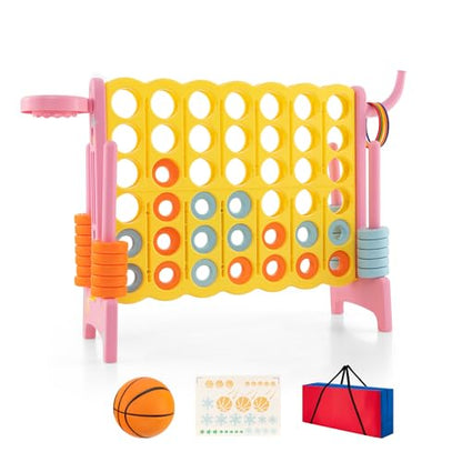 KOTEK Giant 4-in-a-Row Game, Jumbo 4-to-Score Family Game w/Quick-Release Sliders, 42 Rings, Ring Toss & Basketball Hoop, Connect Yard Games Outdoor for Kids & Adults (with Carrying Bag,Pink)