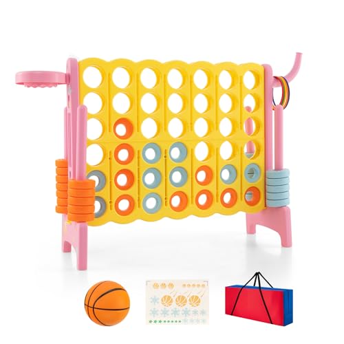 KOTEK Giant 4-in-a-Row Game, Jumbo 4-to-Score Family Game w/Quick-Release Sliders, 42 Rings, Ring Toss & Basketball Hoop, Connect Yard Games Outdoor for Kids & Adults (with Carrying Bag,Pink)