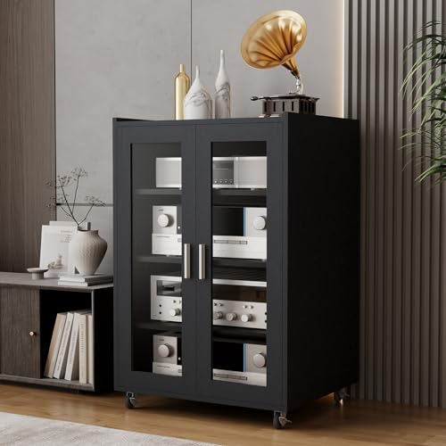 ELECWISH Media Storage Cabinet, Audio-Video Media Stand,Stereo Cabinet with 4 Height-Adjustable Shelves, AV Rack with Glass Doors for Meeting, Living, Recording Room - color: Black