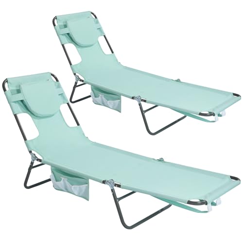 SunnyFeel Lounge Beach Chair for Adults with Face Hole, Backpack Reclining Beach Chairs Lay Flat, Sun Face Down Tanning Chair, Portable Folding Camping Cot for Outside Pool, Sunbathing, Reading - color: Teal-2set