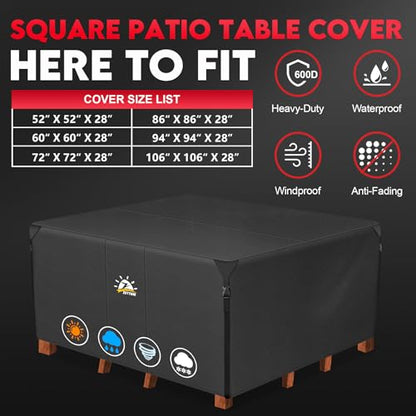 Zettum Patio Furniture Cover Square - 600D Outdoor Table Cover Waterproof & Heavy Duty, 94 Inch Large Lawn Furniture Set Covers for Outside Dining Table and Chairs Seating Combo - 94 x 94 x 28 Inch - size: 2) Square - 94"L x 94"W