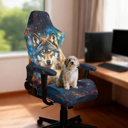 Suobstales Galaxy Wolf Pattern Gaming Chair Covers Waterproof Cat Scratch Proof Stretch Game Chair Cover with Armrest Anti-Scratch Protection for Ergonomic Gaming Rotating Desk Chair - color: Galaxy Wolf