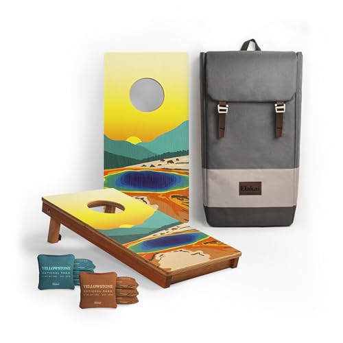 Elakai 1x2 Travel Size Cornhole Boards Set – National Parks Inspired Design, Premium Wooden Cornhole Game with Collapsible Legs & Carry Handles for Outdoor Lawn & Tailgate Games - color: Yellowstone