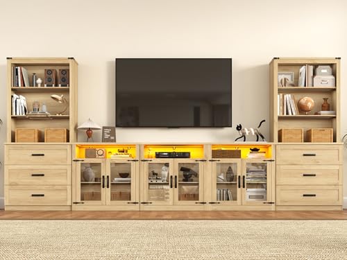 chartustriable 157" W 4-Piece Entertainment Center with Bookshelves for TVs up to 100", Farmhouse Wall Unit TV Stand with Doors & Drawer, Media Console Table for Living Room, Bedroom, Oak - color: Oak, size: 157"W 4-Piece