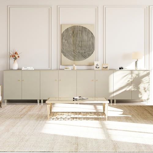 WAMPAT Sideboards Buffet Cabinets with Doors, 4-in-1 Extra Wide Kitchen Wood 141.6" Long Buffet Server Table with 12 Storage Compartments for Living Room, Entryway, Hallway, Beige - color: Beige, size: 141.6" W