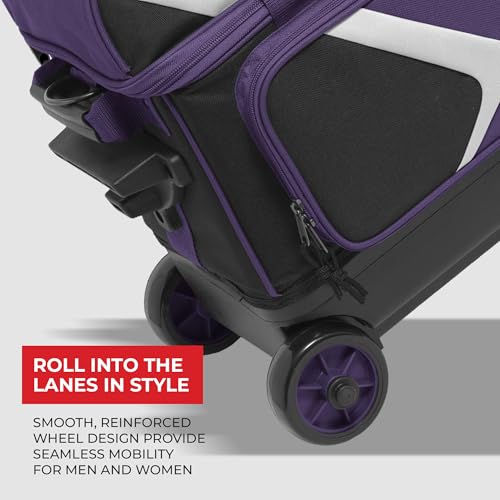 BSI Dash Roller Bowling Bag with Smooth Rolling Wheels, Padded Ball Compartment, Retractable Locking Handle, & Shoe Pocket - color: Black/Purple/White, style: Double