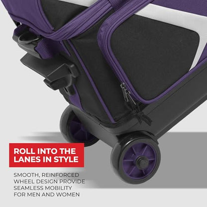 BSI Dash Roller Bowling Bag with Smooth Rolling Wheels, Padded Ball Compartment, Retractable Locking Handle, & Shoe Pocket - color: Black/Purple/White, style: Double