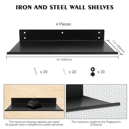 Heavy Duty Pegboard Steel Shelves,Can Be Used for Walls or Pegboards,Floating Steel Shelves for Wall,Pegboard Shelf,Suitable for Bathroom,Bedroom,Kitchen and Garage,16 x 7 inch(4 Packs Black)