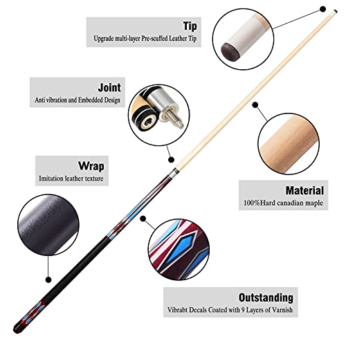 Set of 2 Pool Cue Stick,58" 2 Piece Maple Billiard Cue Stick - color: Red