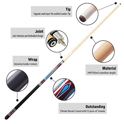 Set of 2 Pool Cue Stick,58" 2 Piece Maple Billiard Cue Stick - color: Red