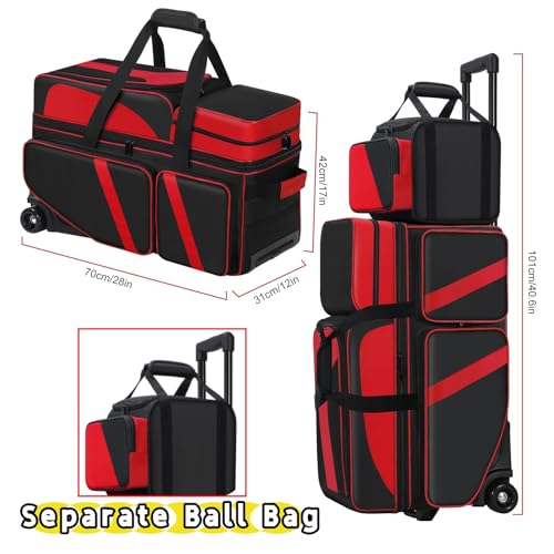 4 Ball Bowling Bags with Wheels, Bowling Ball Bag with Multi-Pockets,4 Ball Bowling Bag with Secure Buckle Fixed Ball Cup & Shoe Compartment,3 Ball Bowling Bag+1 Ball Color Matching Add On Tote - color: red 3+1