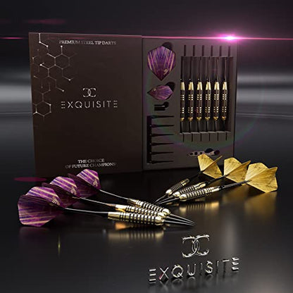 CC-Exquisite Premium Steel Tip Darts Set - Professional Darts, Brass Barrels, Metal Tip Darts, Extra Flights, (12) Aluminum Shafts 35/48, O-Rings, Dart Tool, Dart Sharpener, Darts Case