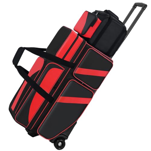 4 Ball Bowling Bag with Wheels, Bowling Bag 4 Ball Roller with Multi-pocket & Shoe Compartment & Retractable Handle, 3 Ball Roller Bag + 1 Ball Color Matching Add On Tote