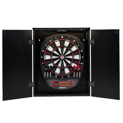 Unicorn Impact LED Electronic Dartboard Cabinet Set - Door Activated LED Lights - Dual LED Scoring Displays with Cricket Marks - Includes 6 Soft Tip Darts and Replacement Tips