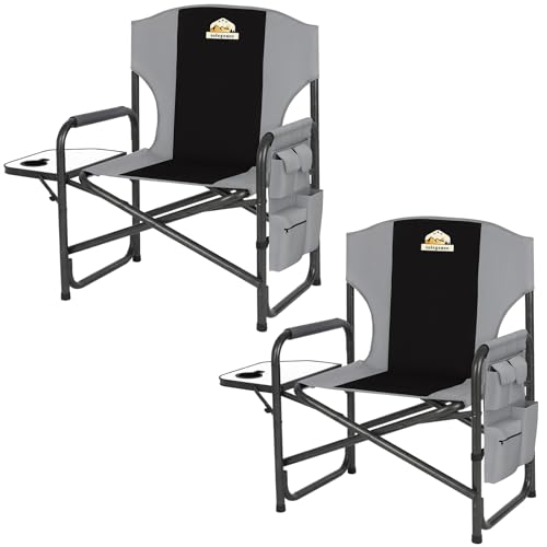 Colegence Oversized Directors Camping Chair Set of 2 Support 600 LBS, Heavy Duty Folding Outdoor Chairs with Detachable Side Pocket and Adjustable Side Table for Outside Beach,Lawn,Fishing (Black) - color: Black, style: Twin Pack
