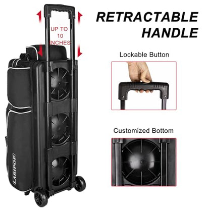 LARIPOP 3 Ball Bowling Bag with Wheels and Shoe Compartment, Rolling Bowling Bag for 3 Balls, Heavy Duty Bowling Roller Bag with Retractable Handle for Men Women - color: Black