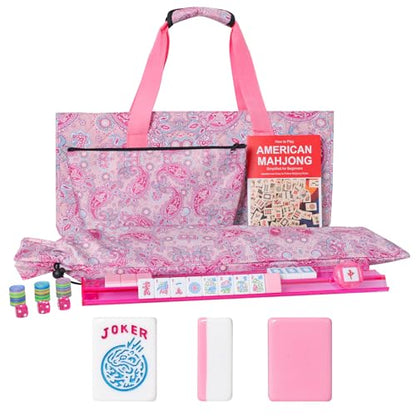 American Mahjong Game Set, 166 Pink Tiles (1.2”), 4 All-in-One Color Rack/Pushers & Drawstring Bag, Complete Mahjong Sets with Pink Printed Carrying Bag and Mahjong Tile Set Accessories - color: Pink