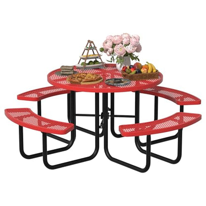 All-Weather Round Outdoor Picnic Table, Commercial Picnic Table Bench Set with Umbrella Hole, Thermoplastic Coated Metal Dining Tables for School, Stores, Park, Patio, Yard, Red - color: Red
