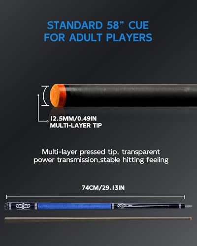 KONLLEN Carbon Fiber Pool Cue Stick 58-inch Professional Pool Sticks for Adults Full Carbon Technology Low Deflection Pool Cue Billiard Cues with 12.5mm Tip (Easy to Control, Pro Taper, Ultra-Smooth) - color: AMG-2F-blue