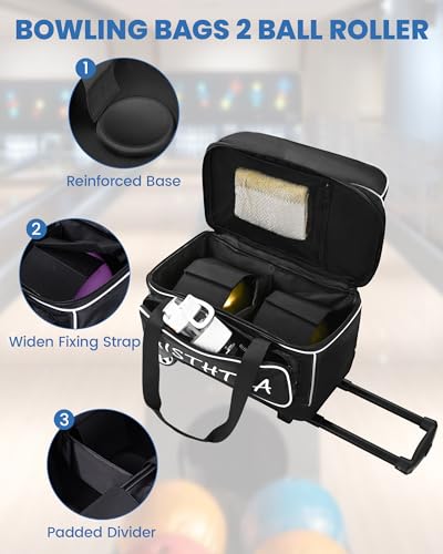 2 Ball Bowling Bag with Wheels, Bowling Bags 2 Ball Roller - 1680D Reinforced Oxford, Bowling Ball Bag with Separate Shoe Compartment & Retractable Handle Extends to 40'' - color: Black and White