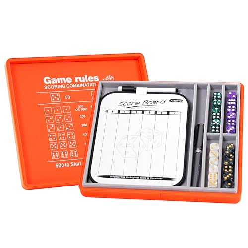 Dice Tray and Storage Case for Farkle Game - Includes Embedded Scoring Combinations, 4 Sets of 6 Pearl Dice, 50 Sheet Score Pad and Pen Holder for The Classic Family Game - Orange red - color: Orange Red
