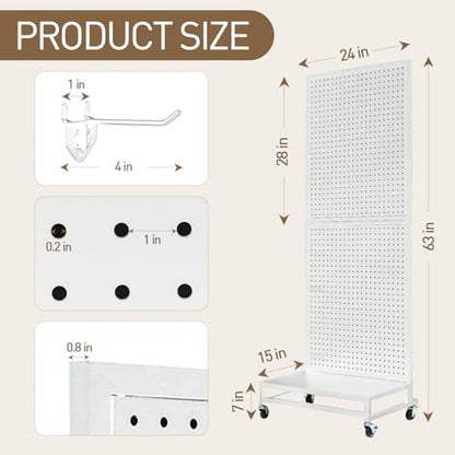 Eastern Tree Metal Pegboard Display Stand 2'x 5'with Base Plate, Pegboard Panels Display with Wheels, Peg Board Display Rack, Standing Pegboard Display with 30 Hooks - White - color: White