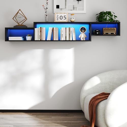 65" Storage Cabinet with Melamine Finish Wooden, Wall Storage Cabinets with LED Lights & Charging Station, Storage Locker with Floating 3-Space Design for Living Rooms, Entertainment Areas, Black - color: Black