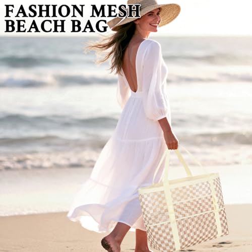 GYEUKHAM Mesh Beach Bag for Women, Sand-Resistant Pool Tote, 9 Pockets (1 Inner Zip), Foldable Family Travel Essentials - color: L-checkered Khaki