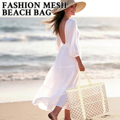 GYEUKHAM Mesh Beach Bag for Women, Sand-Resistant Pool Tote, 9 Pockets (1 Inner Zip), Foldable Family Travel Essentials - color: L-checkered Khaki
