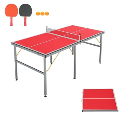 Portable Foldable Ping Pong Table, 3x6 ft Mid-Size Table Tennis Game Set with Net, 2 Paddles & 3 Balls, Indoor Outdoor for Adults Teens, Quick Assembly, Black
