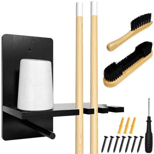 3 Sets Wall Mounted Billiard Chalk Holder, Wooden Pool Cue Chalk Storage with 5 Cue Grooves, Pool Table Accessories for Billiard Room, Game Room & Bar (Black)