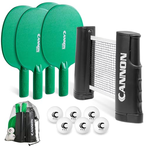 Cannon Sports Table Tennis Set – 4 Unbreakable Paddles, 6 3-Star Balls, Retractable Net & Carry Bag – Clamp-On Portable Ping Pong Net Fits Tables up to 2 Inch Thick, Extends to 6 Feet - color: Green