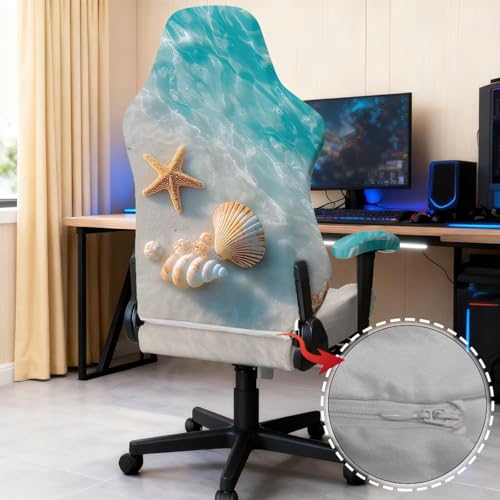 Suobstales Beach Starfish Seashell Conch Pattern Universal Gaming Chair Cover with Armrest Covers, Stretchable Non-Slip Fabric Gaming Chair Protector for Reclining, Swivel & Boss Chairs - color: Beach Starfish Seashell Conch