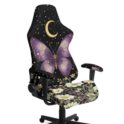 Butterfly Daisy Print Gaming Chair Covers Slipcovers 4Pcs with Armrest Cover Moon Star Print Gamer Chair Cover Set 4Pc/Set Easy to Install Home Decorations - color: Black and Multi - Butterfly Daisy Moon Star